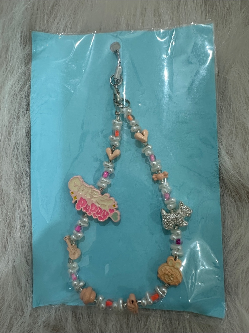 Puppy Beaded Charm Strap Key & Card Holder - Pastel Pink & Cream